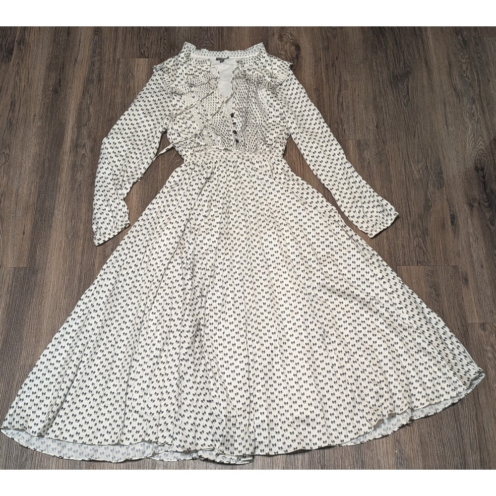 Kathie K White Black Bow Print Ruffle Long Sleeve Midi‎ Dress Size 0 Made USA